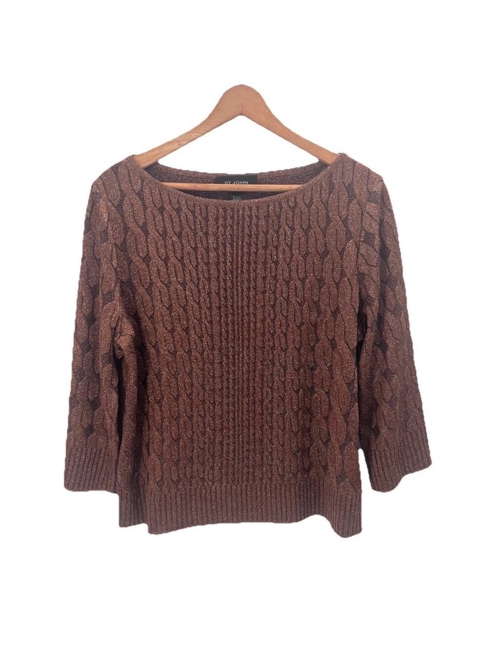 ST. JOHN Brown Bronze Metallic Cable Knit 3/4 Sleeve Womens Sweater Large